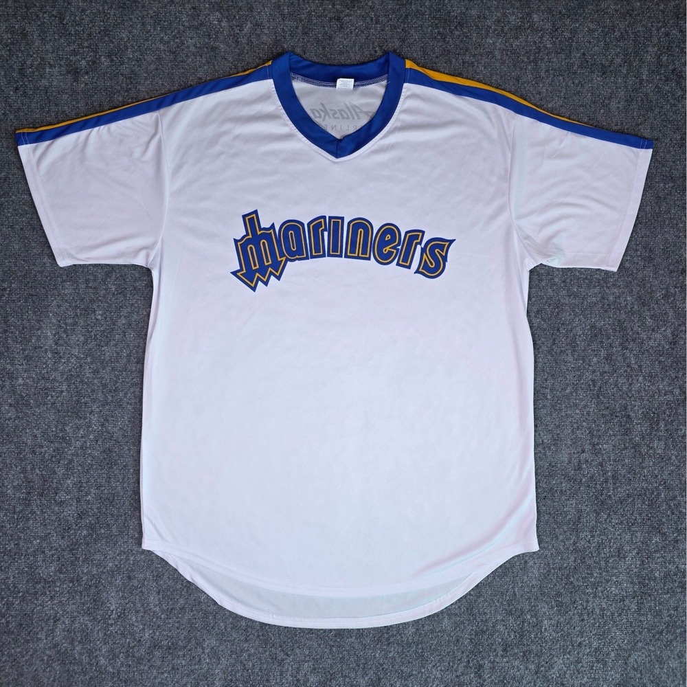 Seattle Mariners Baseball Jersey Adult XL White Alaska Airlines Promo V-Neck
